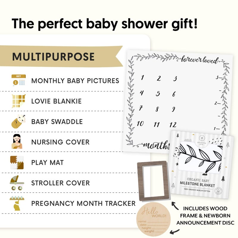 Pondering Pine Organic Baby Monthly Milestone Blanket Boy or Girl - Months Blanket with Wood Frame and Newborn Announcement Disc - Growth Chart for 1-12 Month Milestones, Gender Neutral, 47”x47” - Image 5